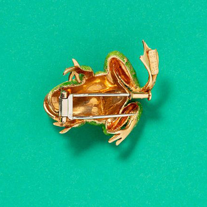 Vintage Van Cleef Arpels Diamond Green Enamel 18ct Yellow Gold Frog Brooch, with master mark Ste. J. for Atelier Janca