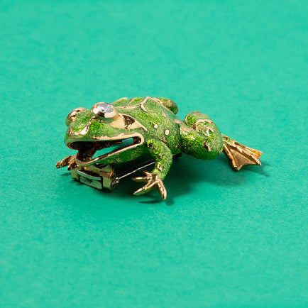 Vintage Van Cleef Arpels Diamond Green Enamel 18ct Yellow Gold Frog Brooch, with master mark Ste. J. for Atelier Janca