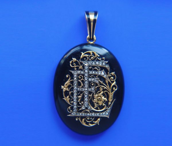 Antique Victorian Eliza Falize's Onyx, Diamond and 18ct Gold Oval Locket; bearing initials EF for Eliza, Alexis Falize’s wife, c.1860, France