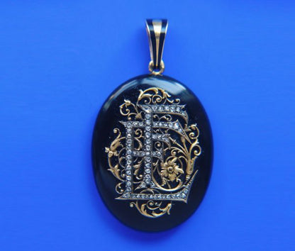 Antique Victorian Eliza Falize's Onyx, Diamond and 18ct Gold Oval Locket; bearing initials EF for Eliza, Alexis Falize’s wife, c.1860, France