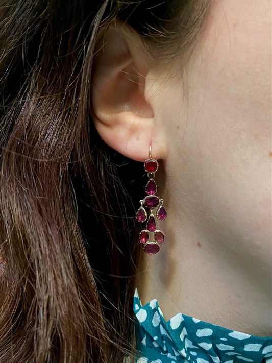 Antique Victorian Foiled Garnet Pendant Drop Earrings