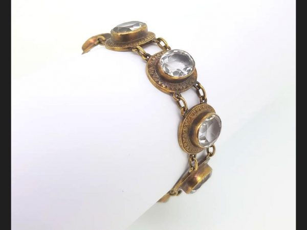 Victorian Quartz Crystal Bracelet; Oval cut quartz crystals set in high relief. Gold not hallmarked, tests as high carat gold. A statement piece