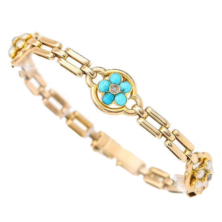 Victorian Antique 15ct Gold Turquoise Pearl Diamond Cluster Bracelet