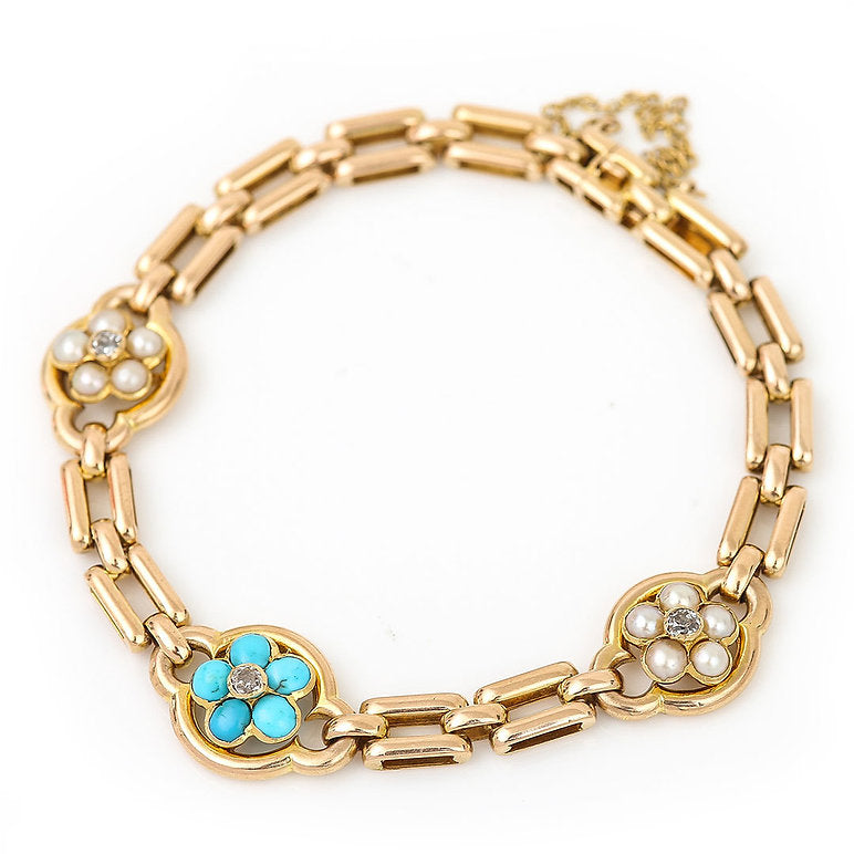 Victorian Antique 15ct Gold Turquoise Pearl Diamond Cluster Bracelet