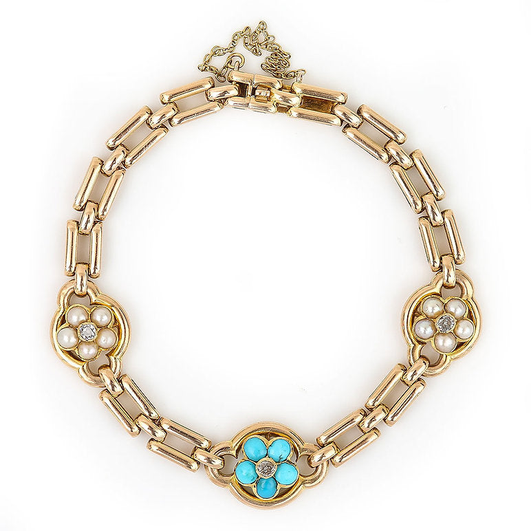 Victorian Antique 15ct Gold Turquoise Pearl Diamond Cluster Bracelet