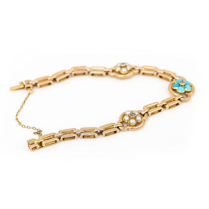 Victorian Antique Turquoise Pearl and Old Cut Diamond Cluster 15ct Gold Bracelet