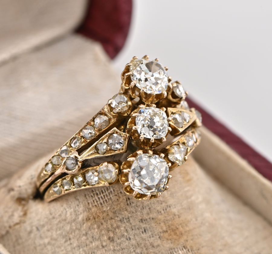 Victorian Antique 2.3ct Old Cut Diamond Three Stone Dress Ring