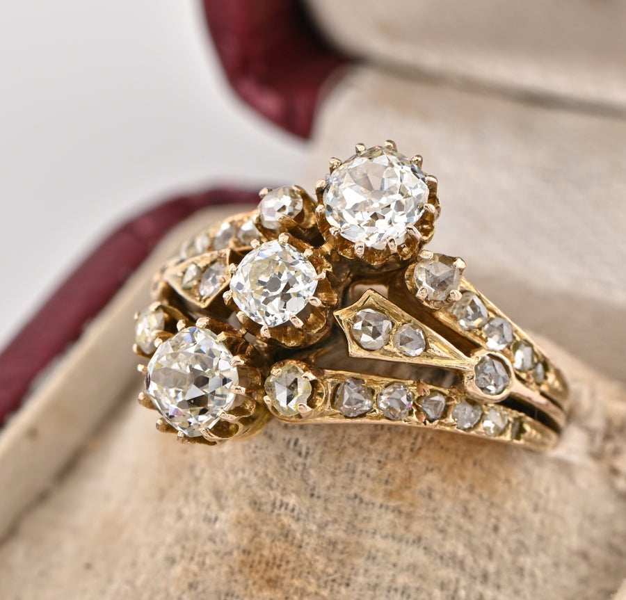 Victorian Antique Old Cut Diamond Triple Band Three Stone Ring 2.30 carat total