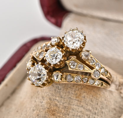 Victorian Antique Old Cut Diamond Triple Band Three Stone Ring 2.30 carat total