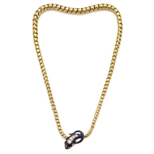 Victorian Antique 20ct Yellow Gold and Blue Enamel Snake Necklace with Rose Cut Diamonds, Circa 1860s