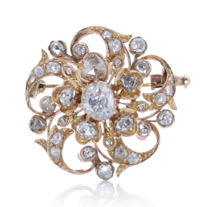 Victorian Antique 3ct Rose Cut Diamond En Tremblant Flower Brooch. Mid 19th century Circa 1850s
