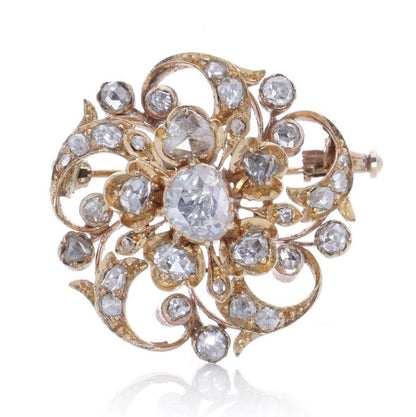 Victorian Antique 3ct Rose Cut Diamond En Tremblant Flower Brooch. Mid 19th century Circa 1850s