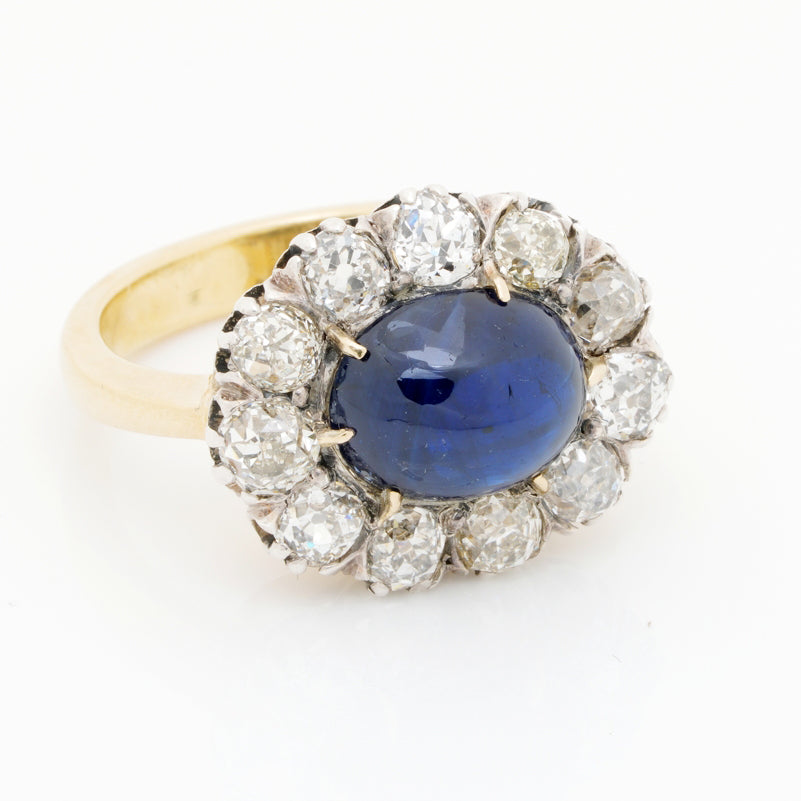Antique Victorian 5.9ct Natural No Heat Cabochon Sapphire and 2.9ct Old Mine Cut Diamond Cluster Ring
