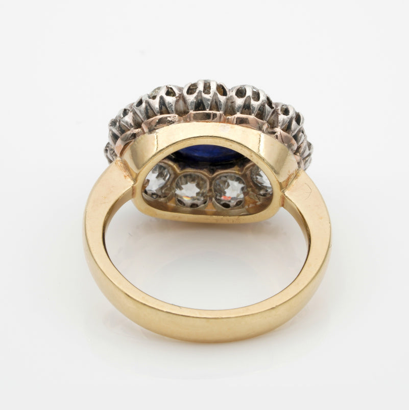 Antique 5.9ct Natural No Heat Cabochon Sapphire and 2.9ct Old Mine Cut Diamond Cluster Ring silver and 18ct yellow gold