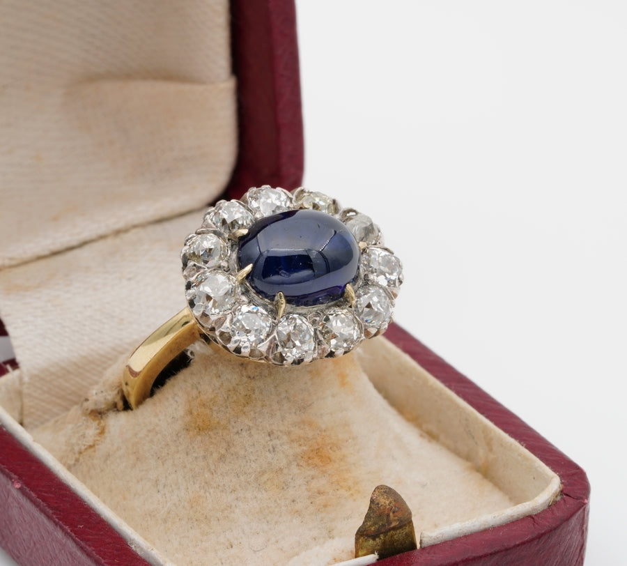 Victorian 5.90ct Cabochon Sapphire and Diamond Cluster Ring