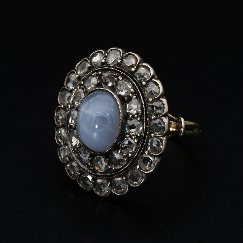 Antique Victorian 6.4ct Star Sapphire and Diamond Cluster Ring