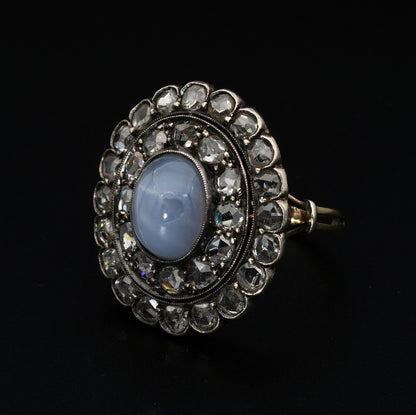 Antique Victorian 6.4ct Star Sapphire and Diamond Cluster Ring