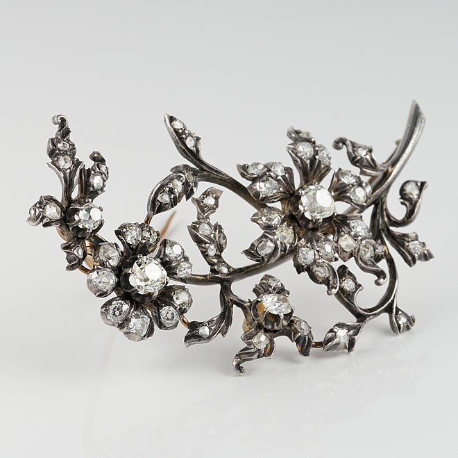 Antique Victorian 7.5ct Old Cut Diamond Floral Spray Brooch