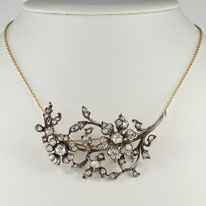 Antique Victorian Old Cut Diamond Floral Spray Brooch come Pendant, 7.50 carats