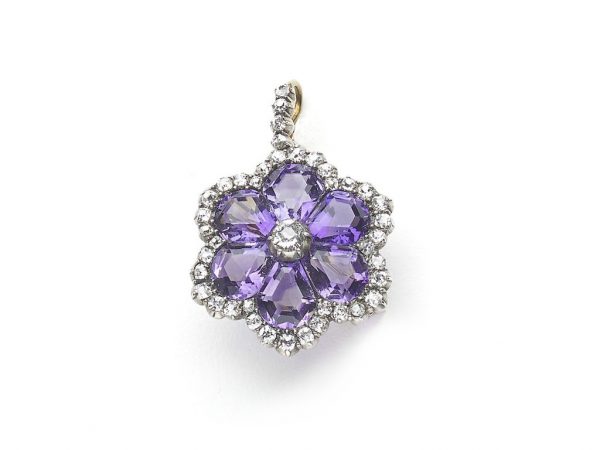 Antique Victorian Amethyst Diamond Flower Pendant Brooch Jewellery Discovery London