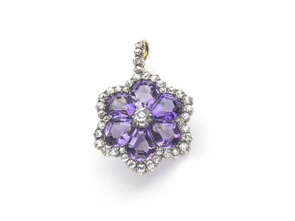 Antique Victorian Amethyst Diamond Flower Pendant Brooch Jewellery Discovery London