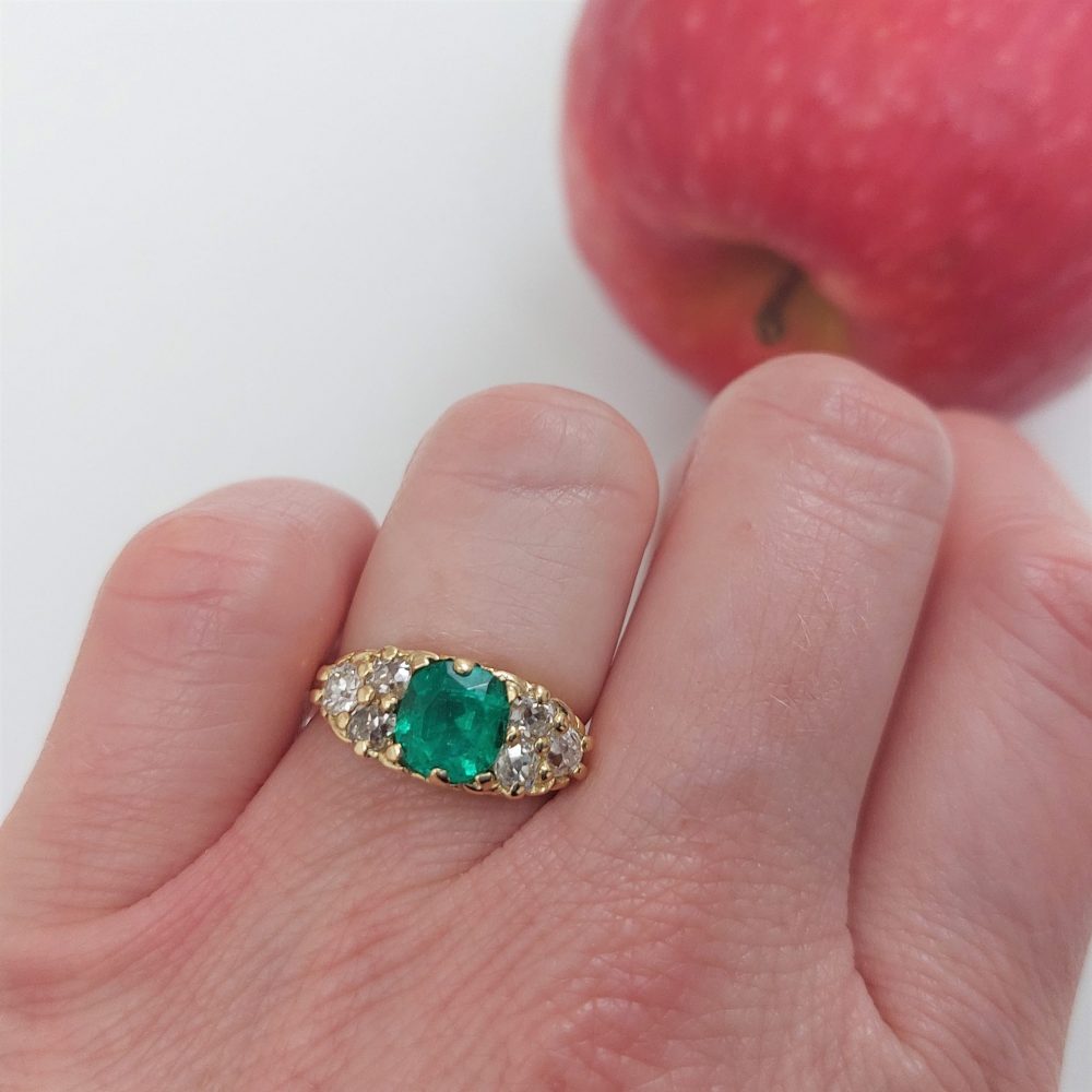 Antique 1.13ct Colombian Emerald and Old Cut Diamond Hoop Ring