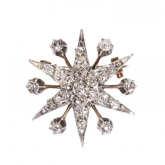 Victorian Antique 1.50ct Old Cut Diamond Star Brooch, six point star set with 1.50 carats of old-cut and rose-cut diamonds in silver-upon-gold, Circa 1890