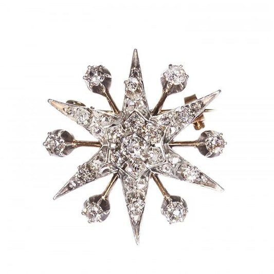 Victorian Antique 1.50ct Old Cut Diamond Star Brooch, six point star set with 1.50 carats of old-cut and rose-cut diamonds in silver-upon-gold, Circa 1890