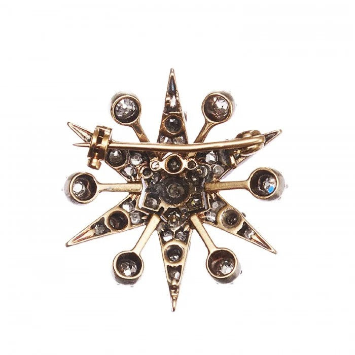 Victorian Antique 1.50ct Old Cut and Rose Cut Diamond Star Brooch silver-upon-gold