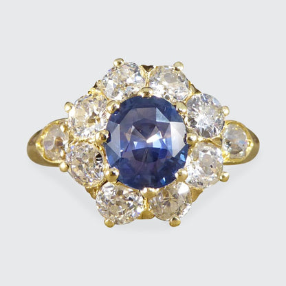 Victorian Antique 1ct Sapphire and 1.50ct Diamond Cluster Ring