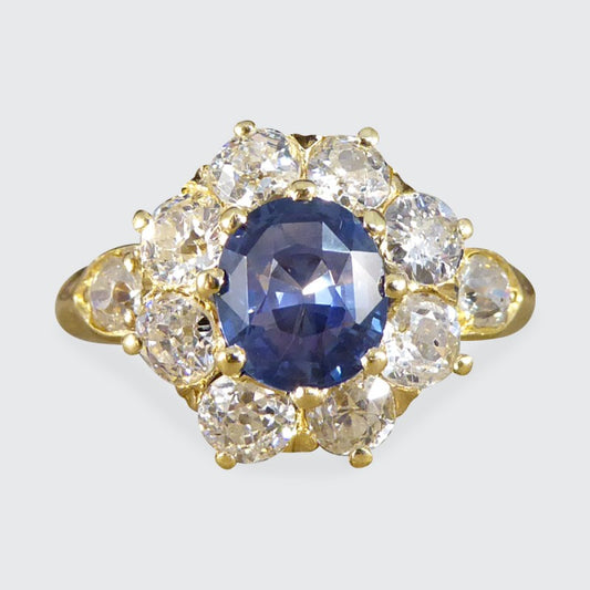Victorian Antique 1ct Sapphire and 1.50ct Diamond Cluster Ring