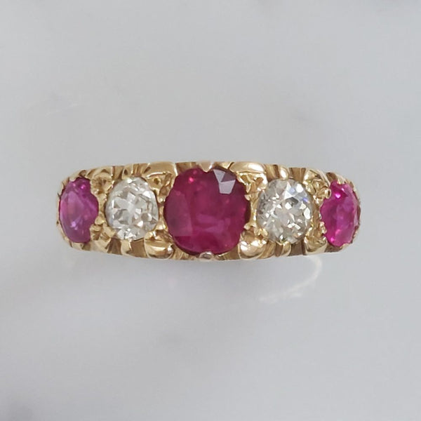 Victorian Antique 2ct Ruby and Diamond Five Stone Ring