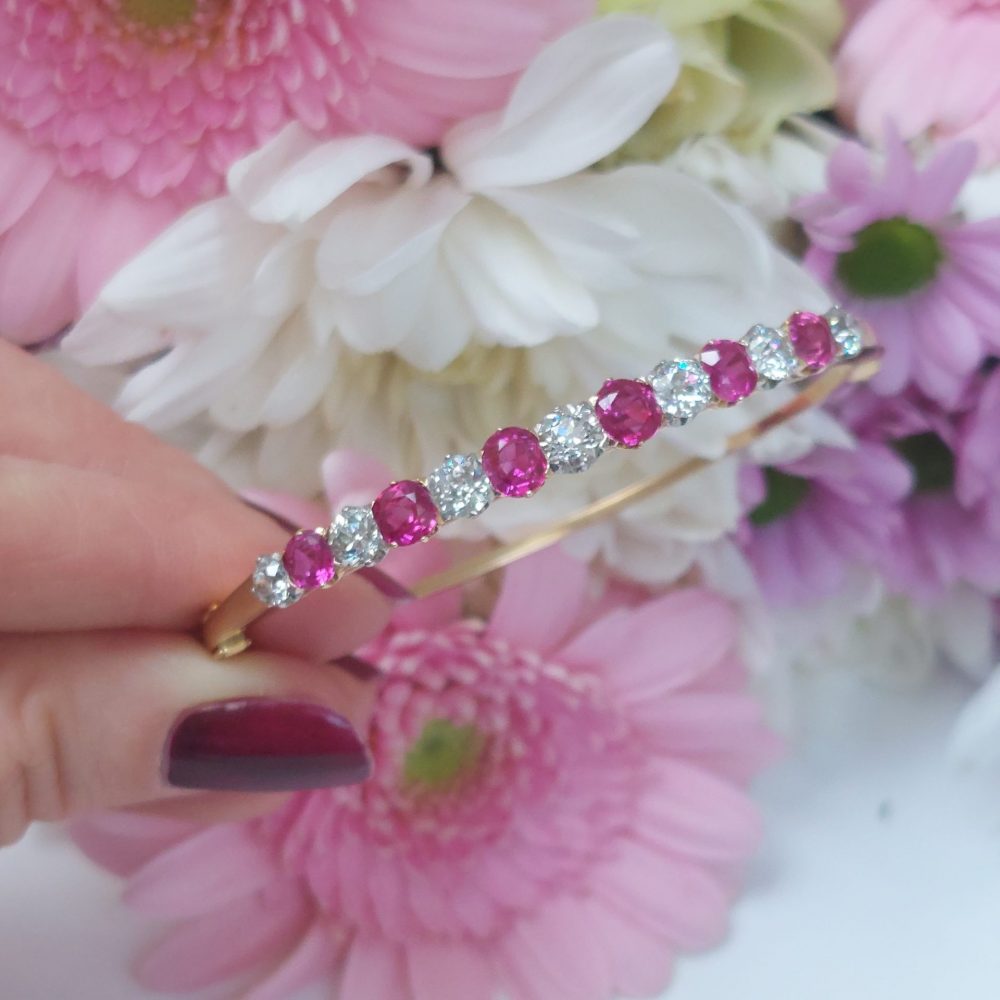 Victorian Antique 3.50ct Burma Ruby and Diamond Bangle Bracelet