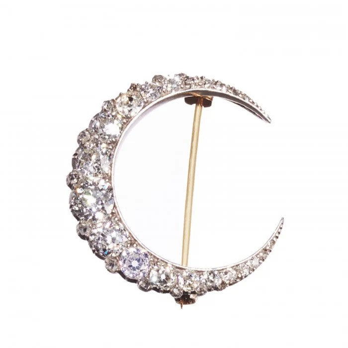 Victorian Antique 3.50ct Old Cut Diamond Crescent Moon Brooch
