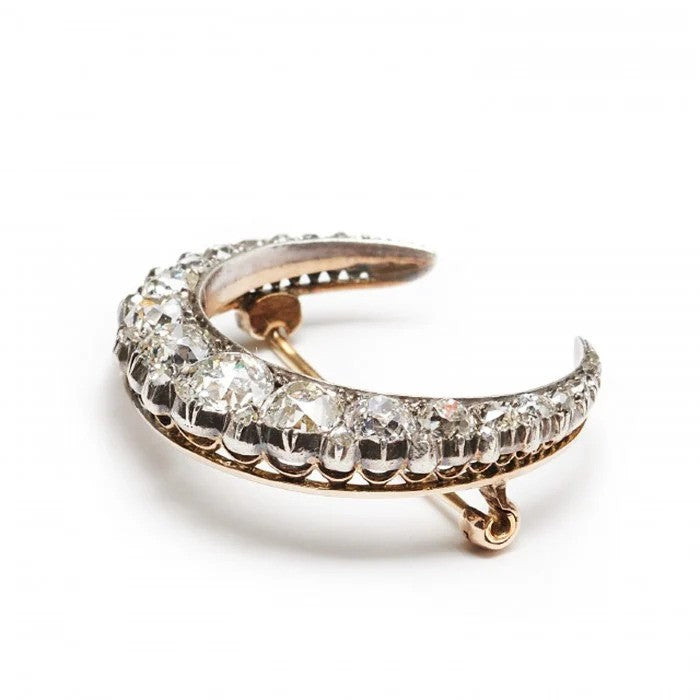 Victorian Antique 3.50ct Old Cut Diamond Crescent Moon Brooch