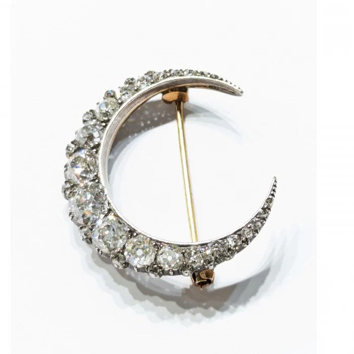 Victorian Antique 3.50ct Old Cut Diamond Crescent Moon Brooch