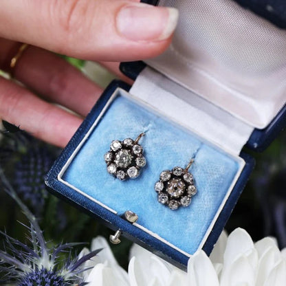 Victorian Antique 4.5ct Old Cut Diamond Cluster Drop Earrings
