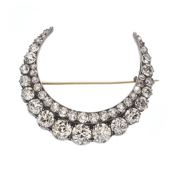 Victorian Antique 5.40ct Old Mine Cut Diamond Crescent Moon Brooch