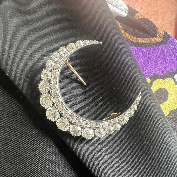 Victorian Antique 5.40ct Old Mine Cut Diamond Crescent Moon Brooch