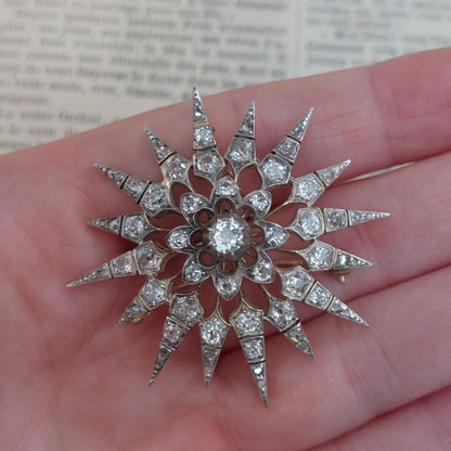 Victorian Antique 5ct Old Cut Diamond Starburst Brooch