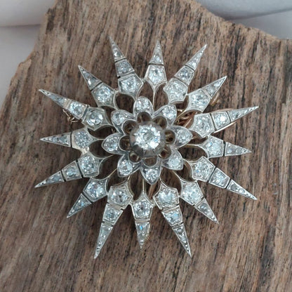 Victorian Antique 5ct Old Cut Diamond Starburst Brooch