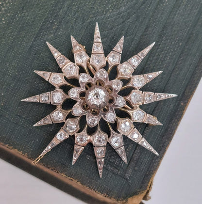 Victorian Antique 5ct Old Cut Diamond Starburst Brooch