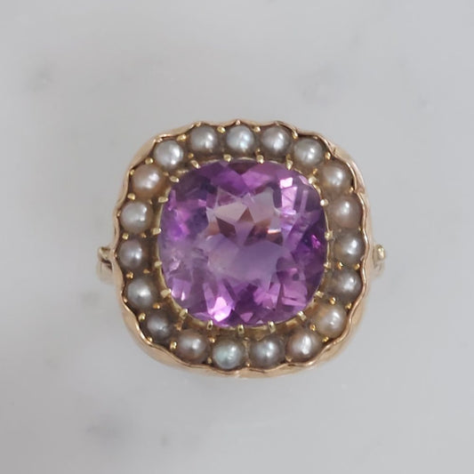 Victorian Antique Amethyst and Pearl Cluster Ring