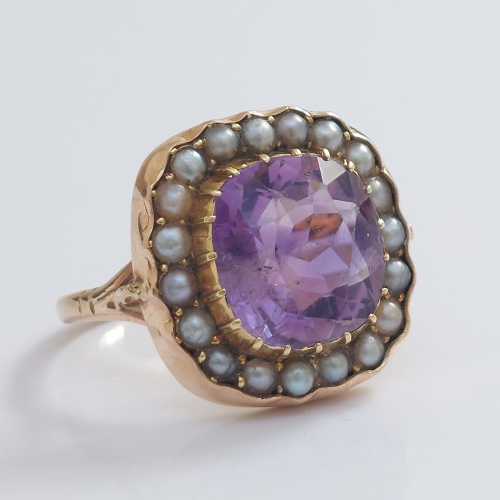 Victorian Antique Amethyst and Pearl Cluster Ring