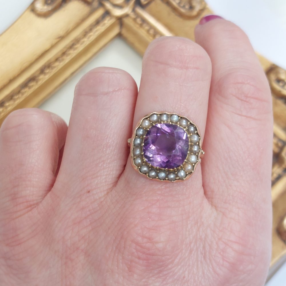 Victorian Antique Amethyst and Pearl Cluster Ring