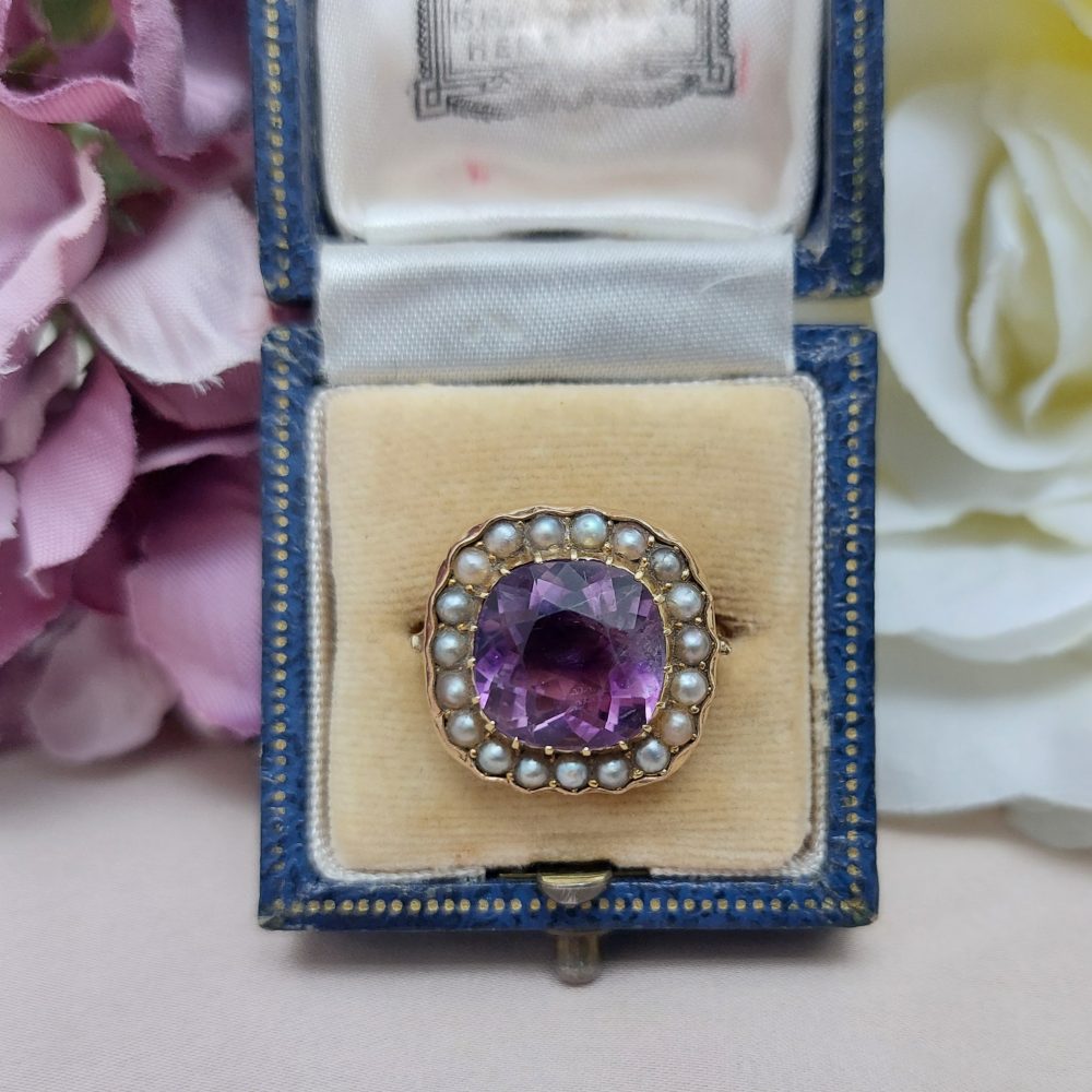 Victorian Antique Amethyst and Pearl Cluster Ring