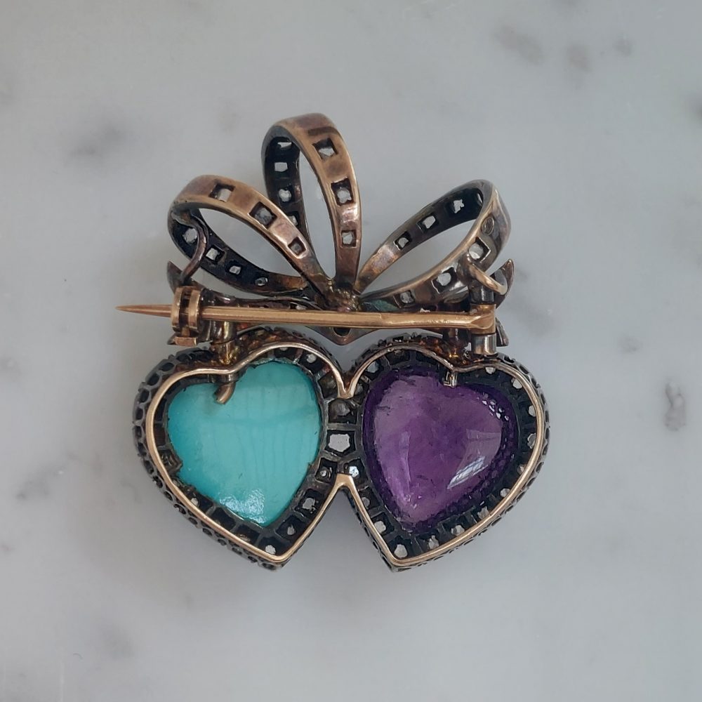 Victorian Antique Amethyst and Turquoise Heart Brooch