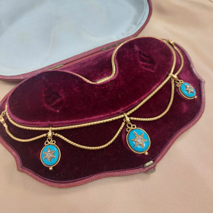 Victorian Antique Blue Enamel and Diamond Star Necklace