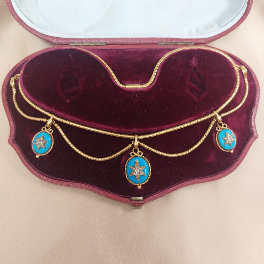Victorian Antique Blue Enamel and Diamond Star Necklace