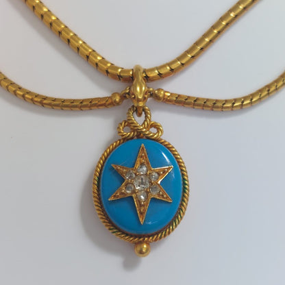 Victorian Antique Blue Enamel and Diamond Star Necklace